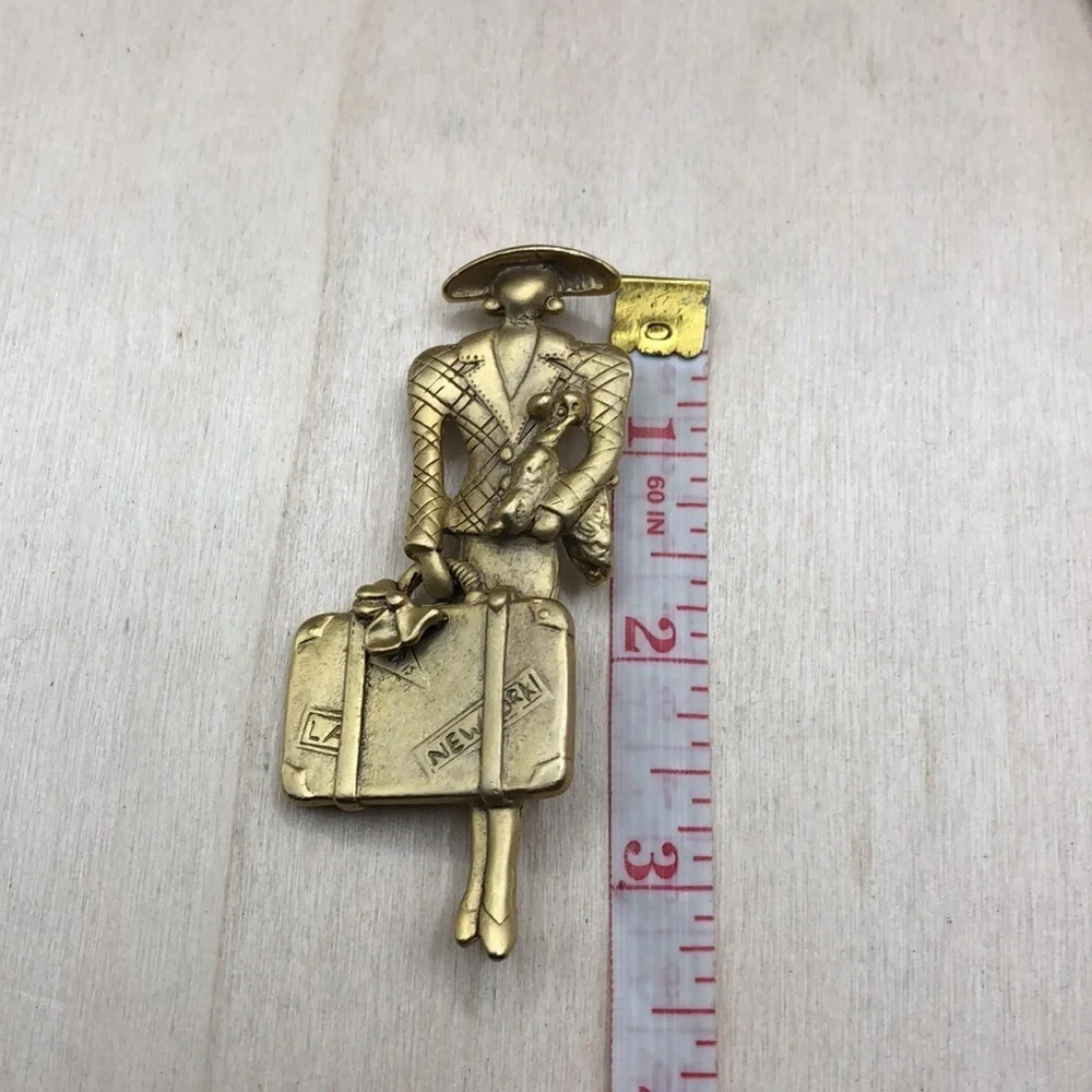 Vintage traveling lady fashionista with small dog brooch statement size